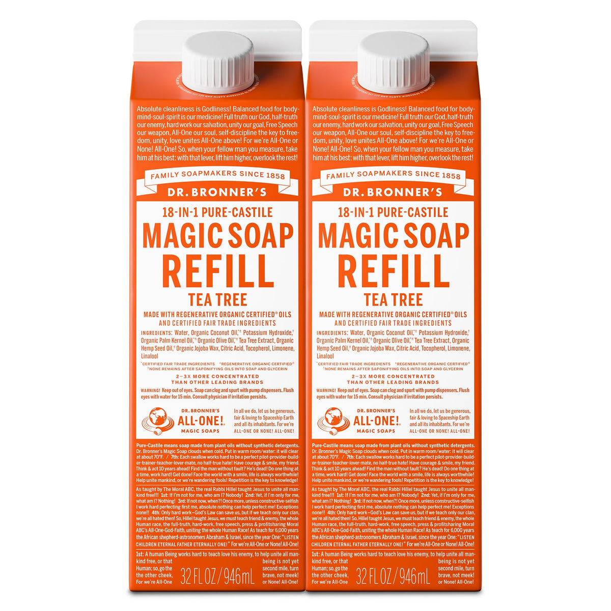 Dr. Bronner's Pure-Castile Liquid Soap Refill Tea Tree 32 oz front view