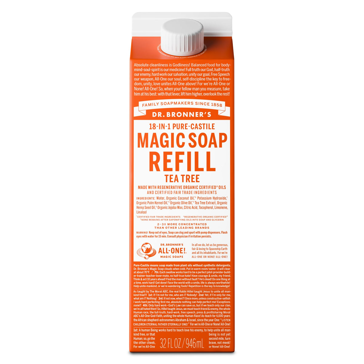 Dr. Bronner's Pure-Castile Liquid Soap Refill Tea Tree 32oz front view
