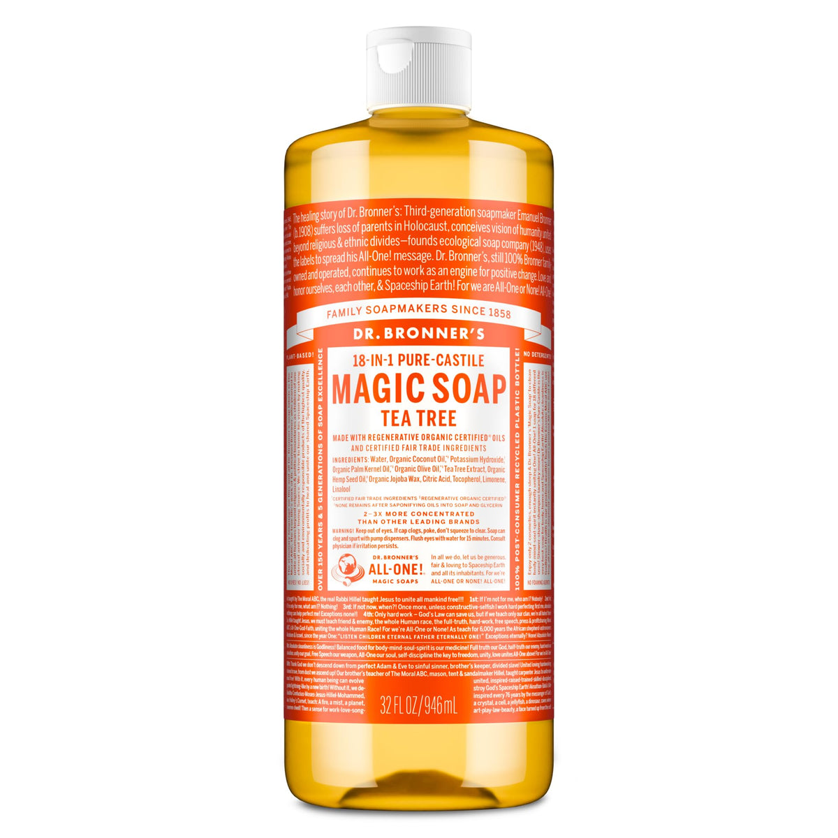 Dr. Bronner's Pure-Castile Liquid Soap Tea Tree 32 oz front view
