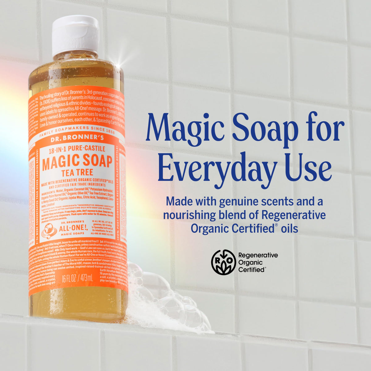 Dr. Bronner's Pure-Castile Liquid Soap Tea Tree label close-up