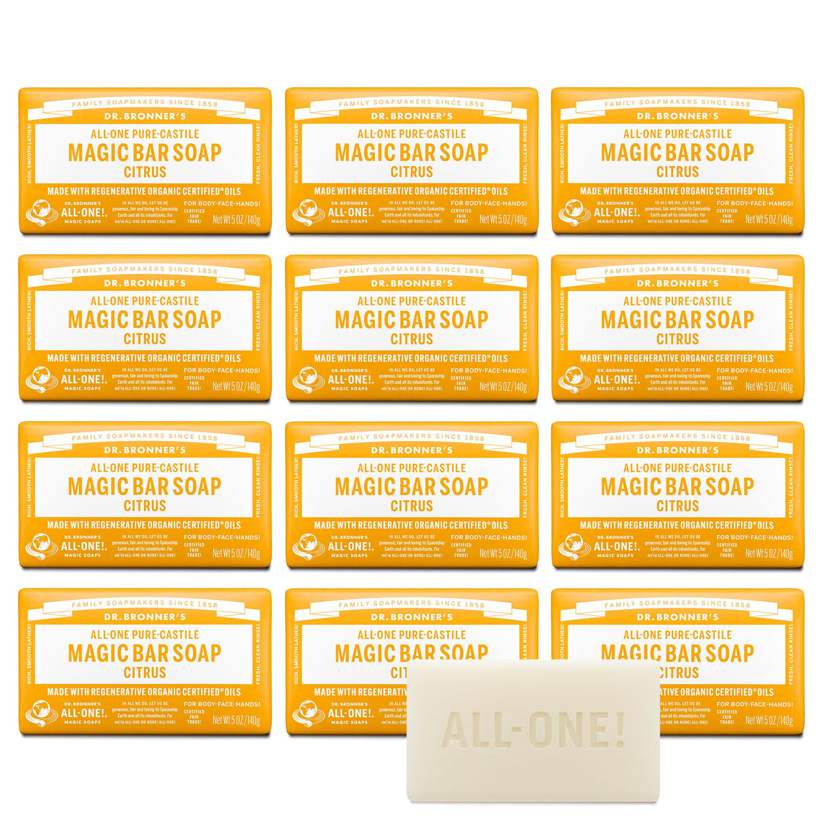 Dr. Bronner's Pure-Castile Magic Bar Soap 12 pack Citrus front view