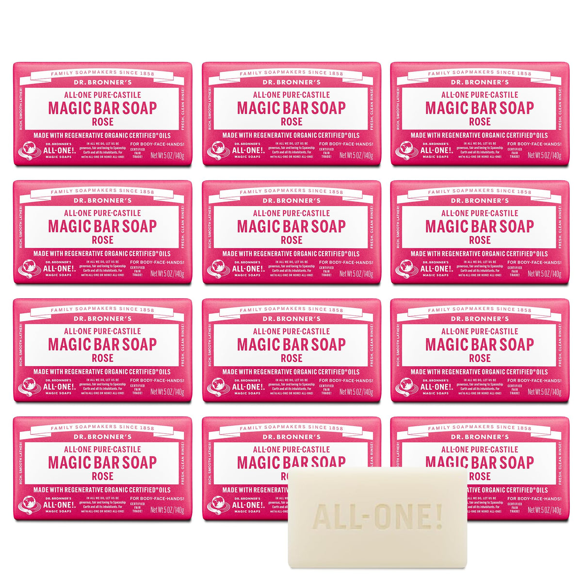 Dr. Bronner's Pure-Castile Magic Bar Soap 12 pack in Rose