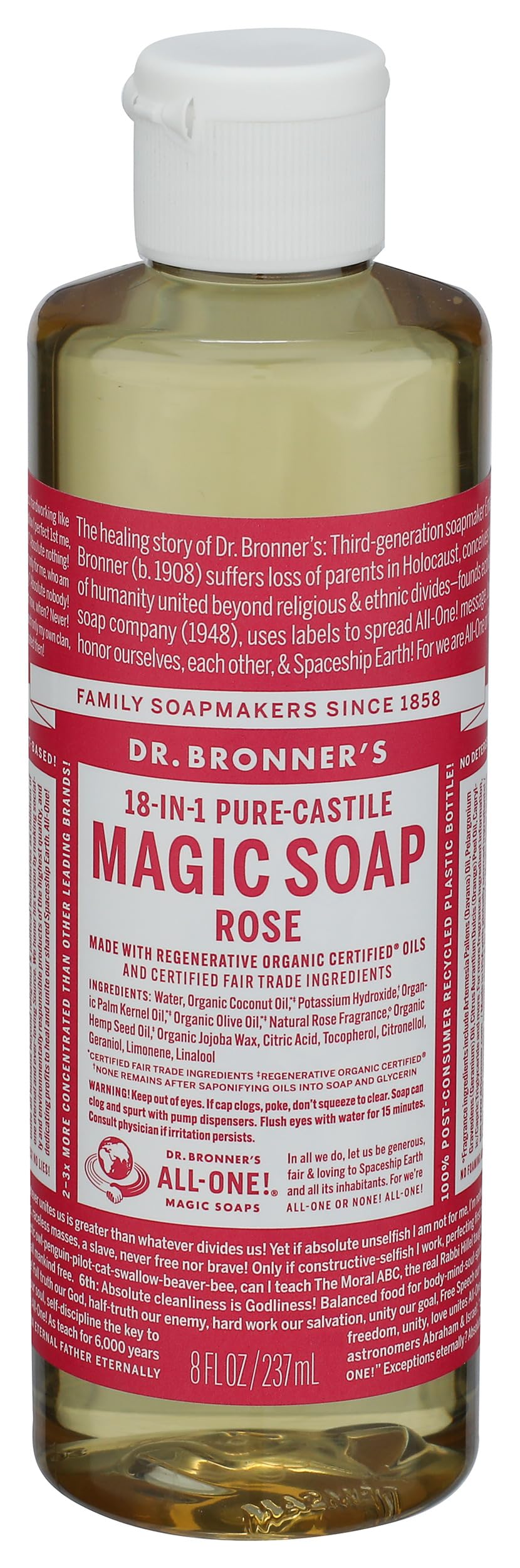 Dr. Bronner's Rose Castile Liquid Soap 236ml front view