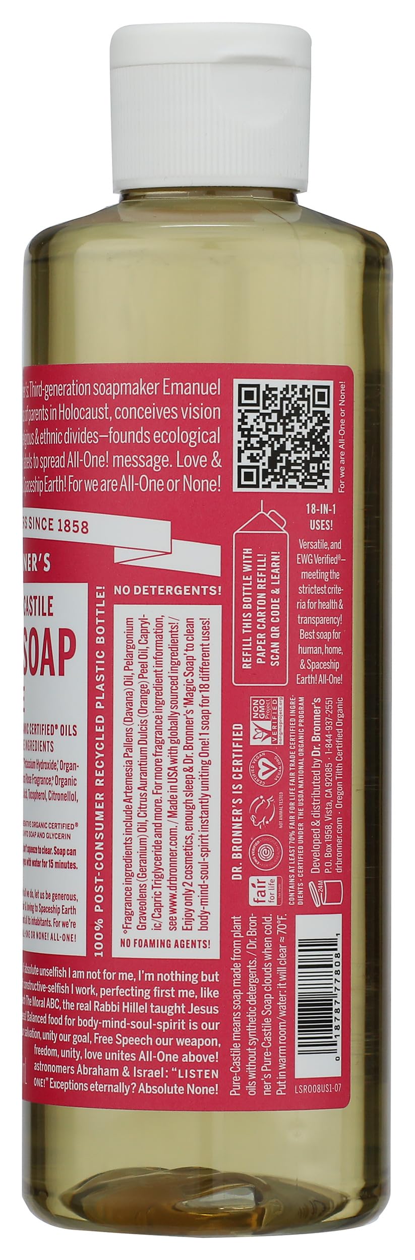 Dr. Bronner's Rose Castile Liquid Soap 236ml on a countertop