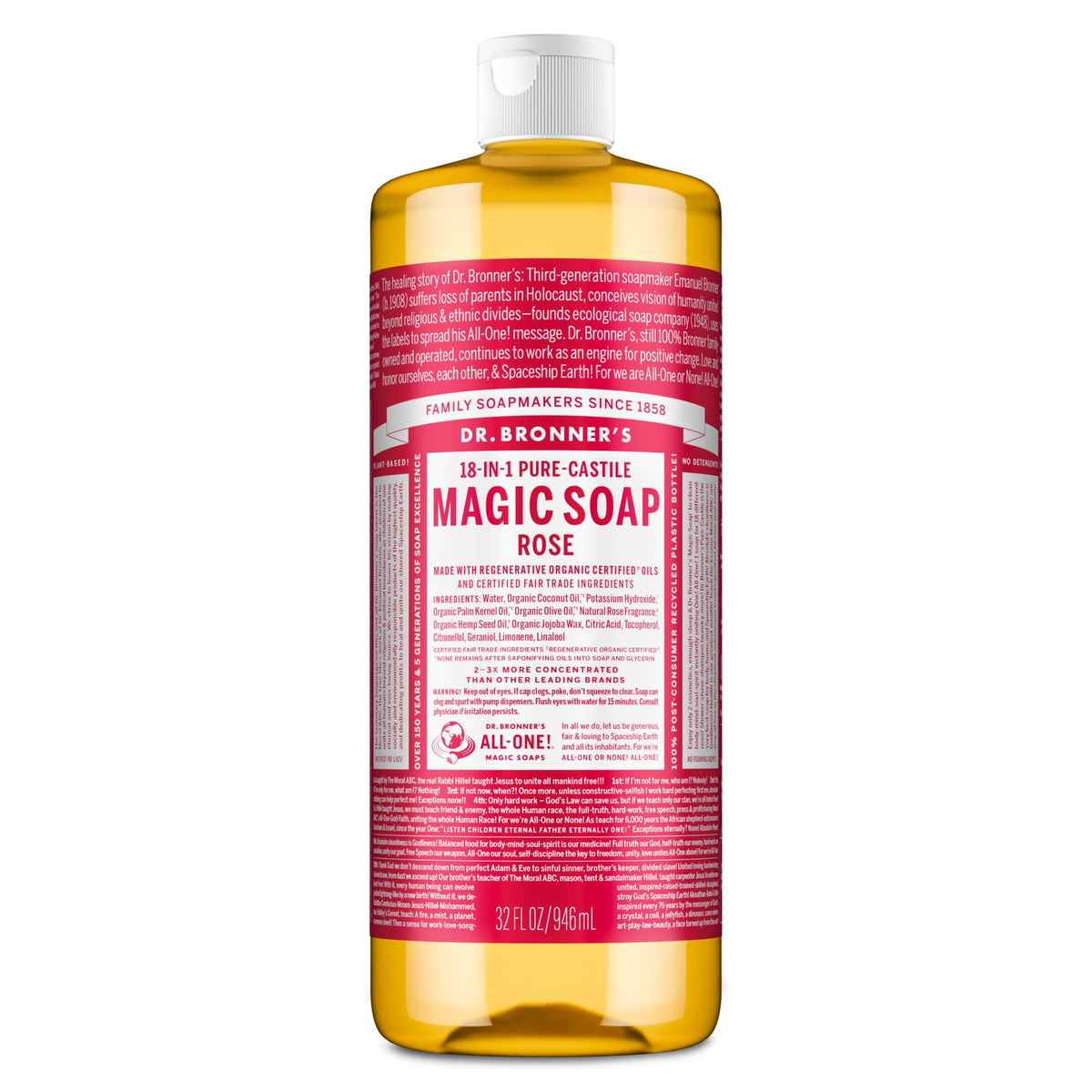 Dr. Bronner's Rose Pure-Castile Liquid Soap 32 oz front view