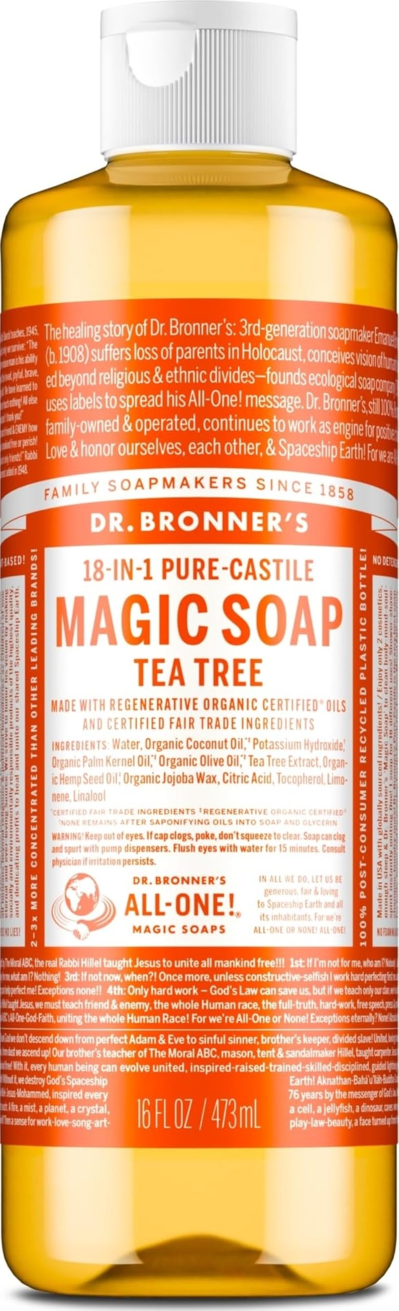 Dr. Bronner's Tea Tree Pure-Castile Liquid Soap 16 oz front view