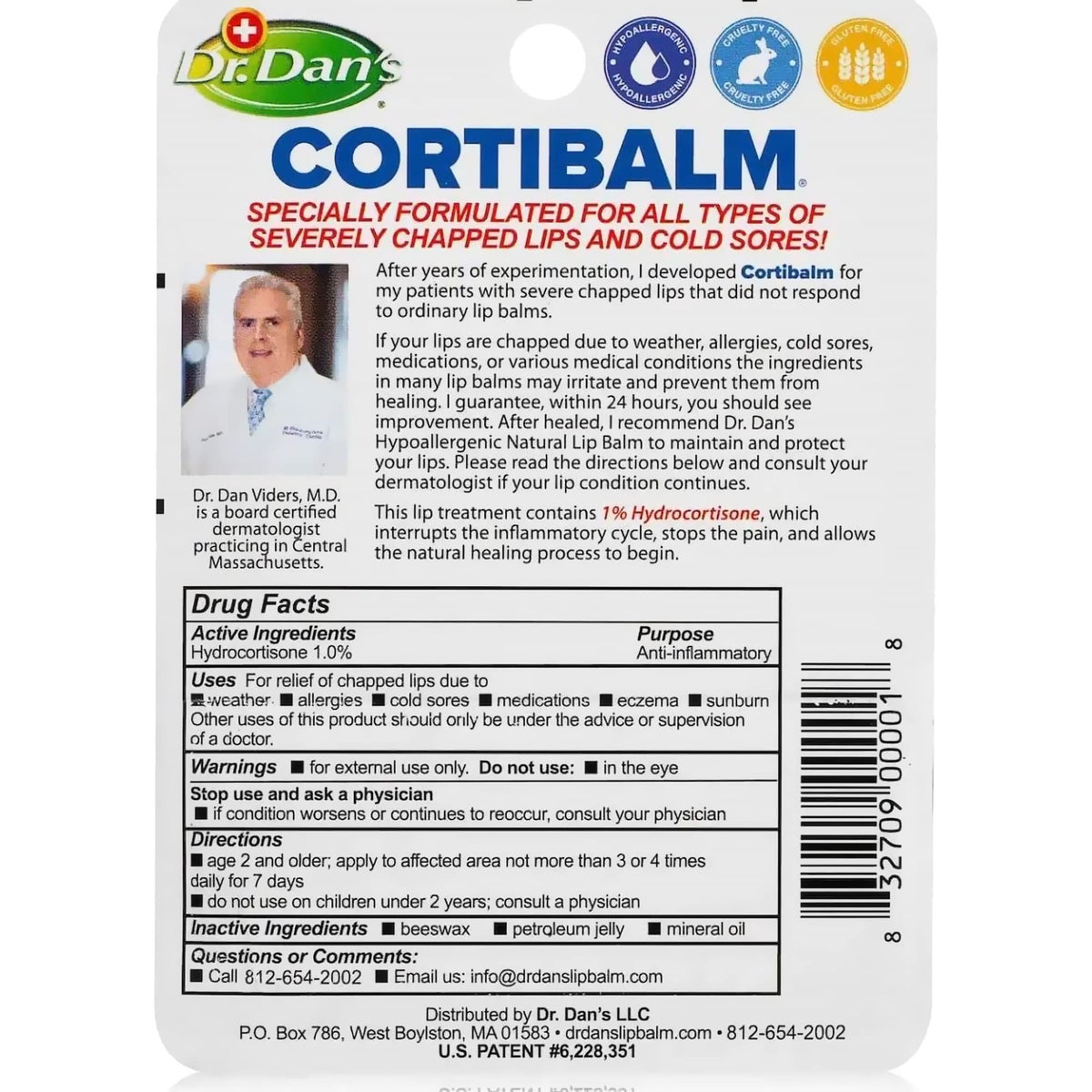 Dr. Dan's Cortibalm Hydrating Lip Balm back view with ingredients
