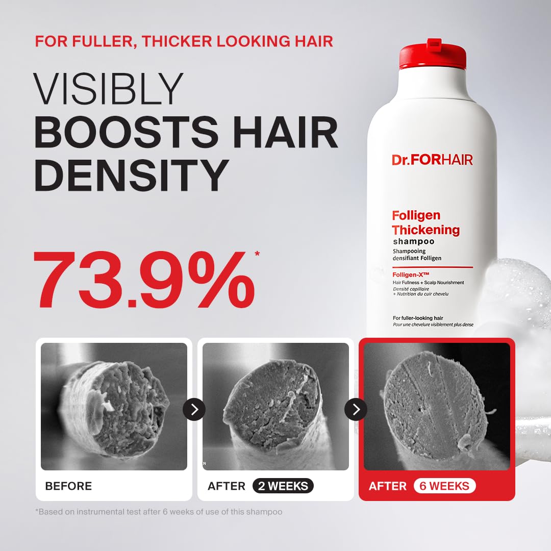 DR.FORHAIR Folligen Thickening Shampoo in lifestyle setting on bathroom shelf