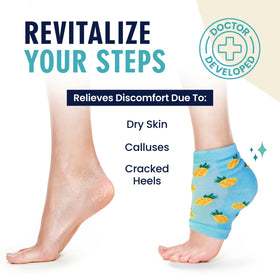 Dr. Frederick's heel socks worn on feet with a cozy setting