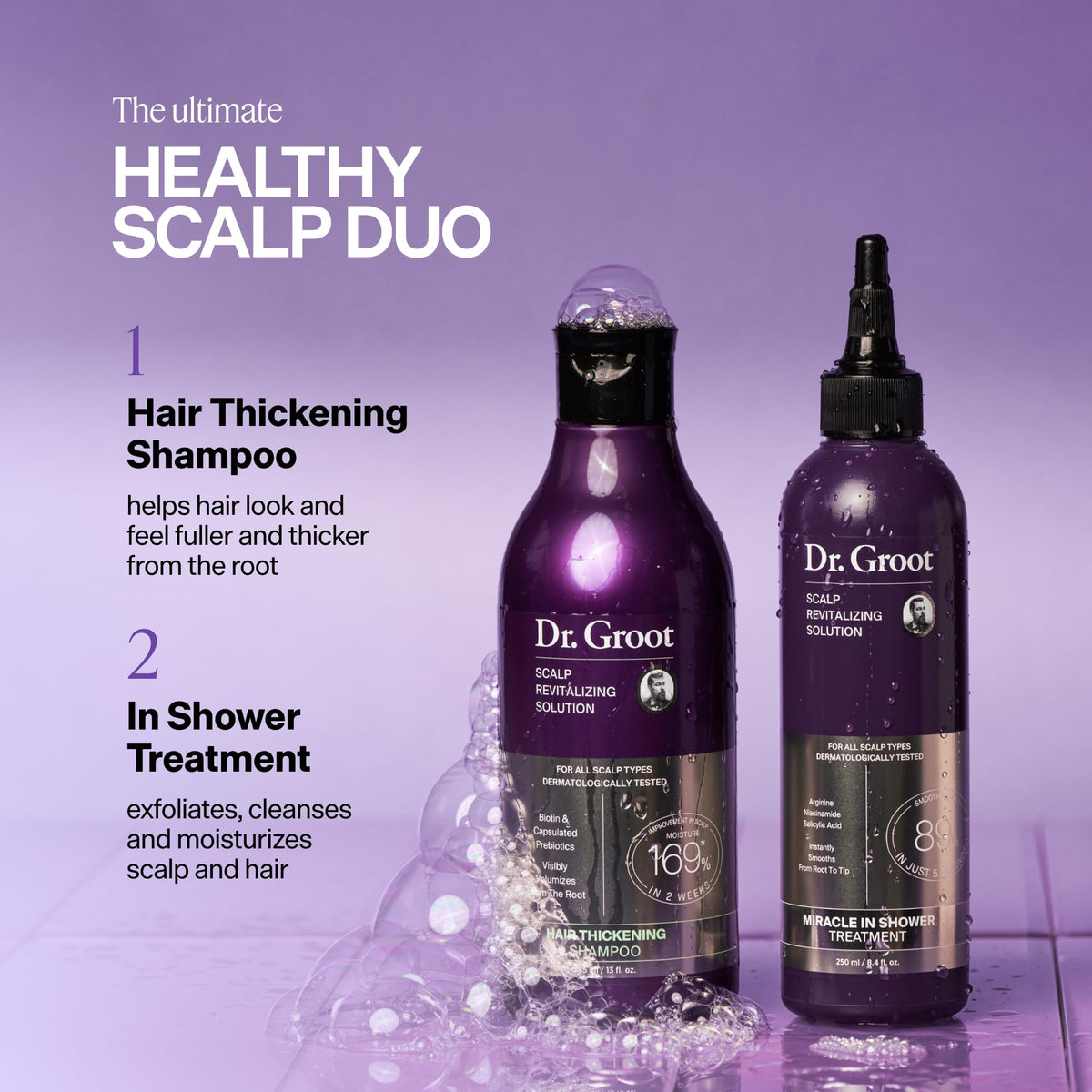 Dr. Groot Hair Thickening Shampoo on a shower shelf