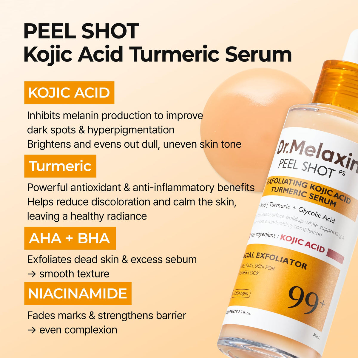 Dr.Melaxin Kojic Acid Turmeric Serum with rice and turmeric background