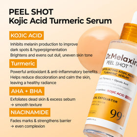 Dr.Melaxin Kojic Acid Turmeric Serum with rice and turmeric background