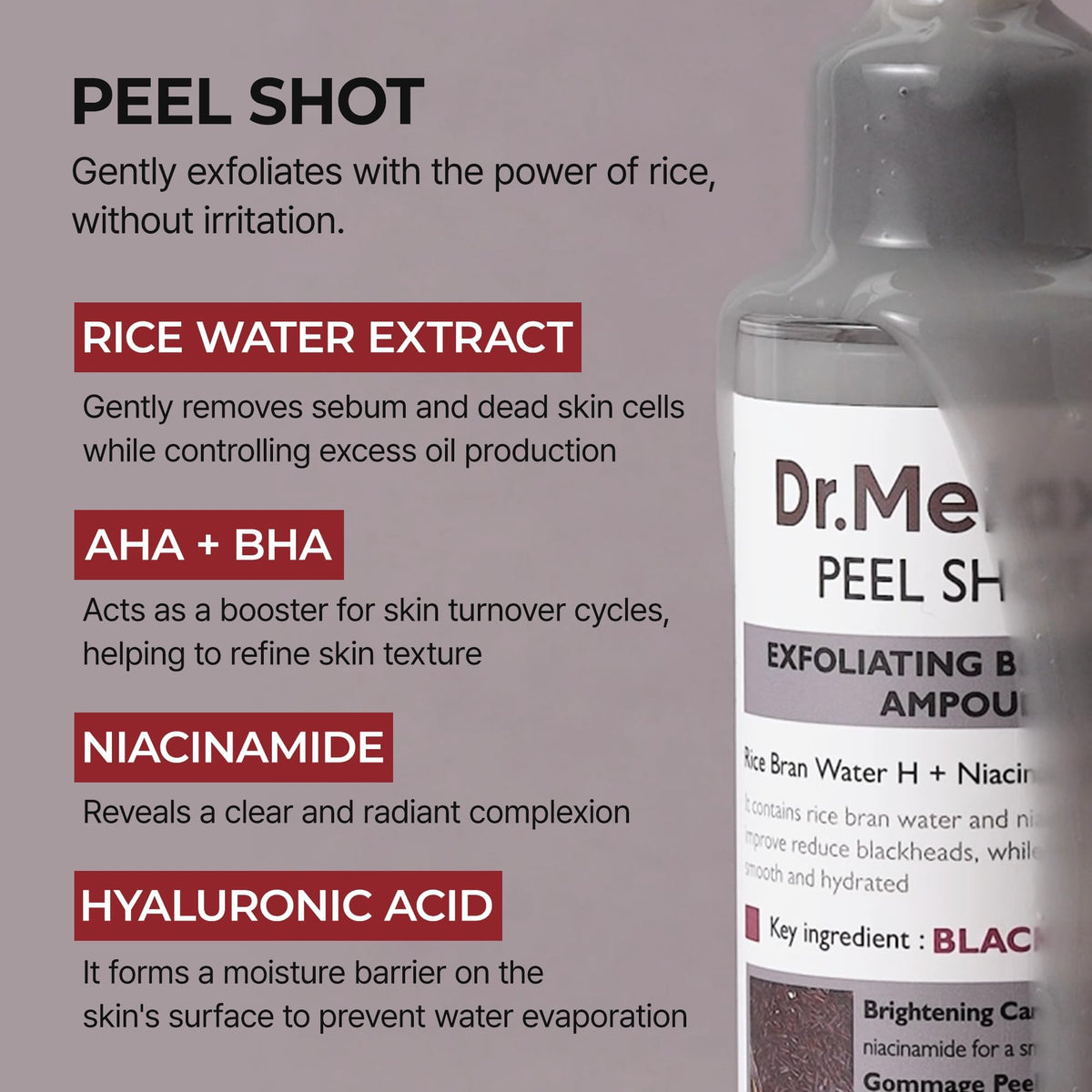 Dr.Melaxin Peel Shot Black Rice Exfoliating Ampoule in lifestyle setting