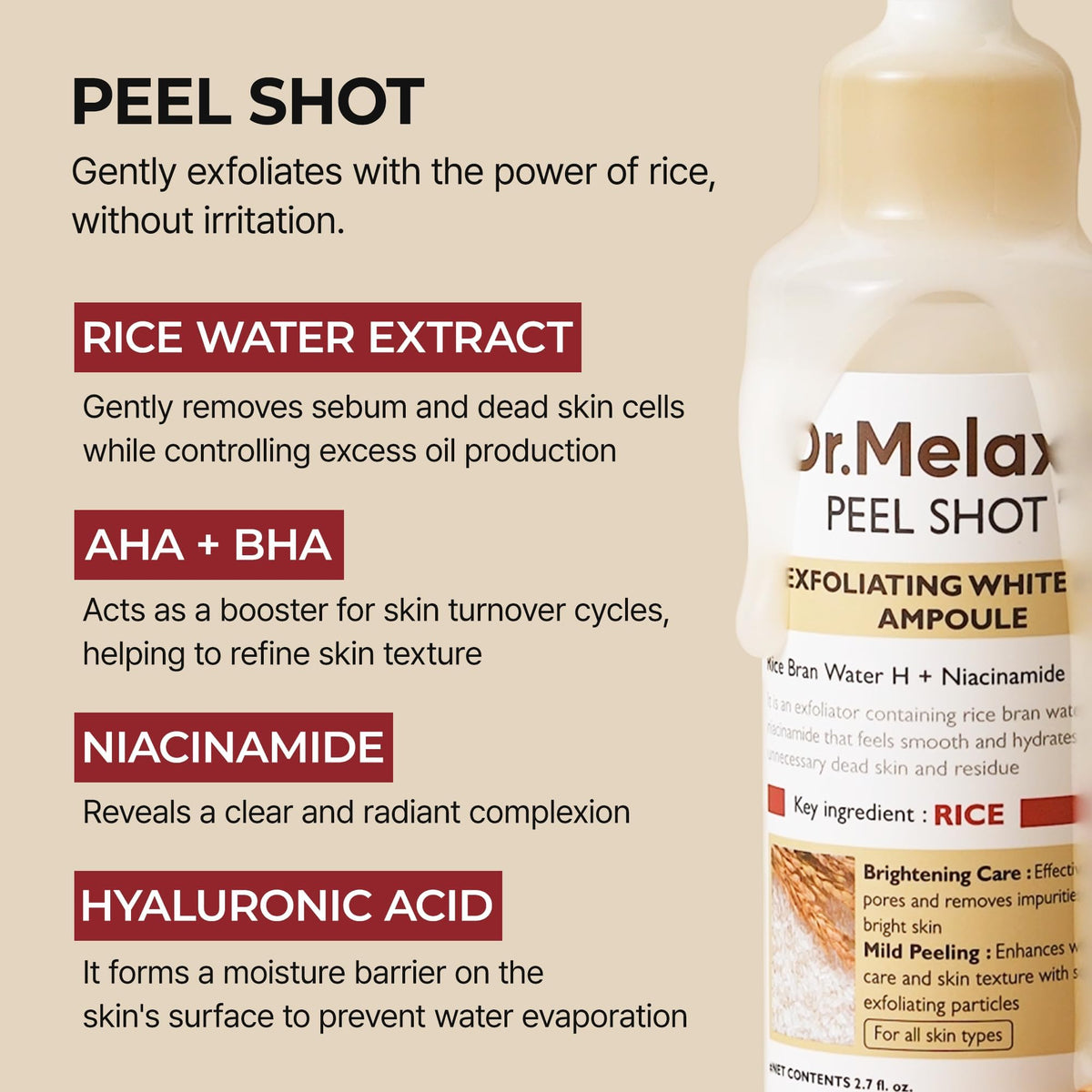 Dr.Melaxin Peel Shot Glow White Rice Peeling Ampoule application on skin