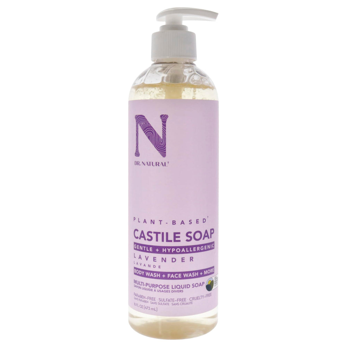 Dr. Natural Castile Liquid Soap 16 oz lavender bottle front view