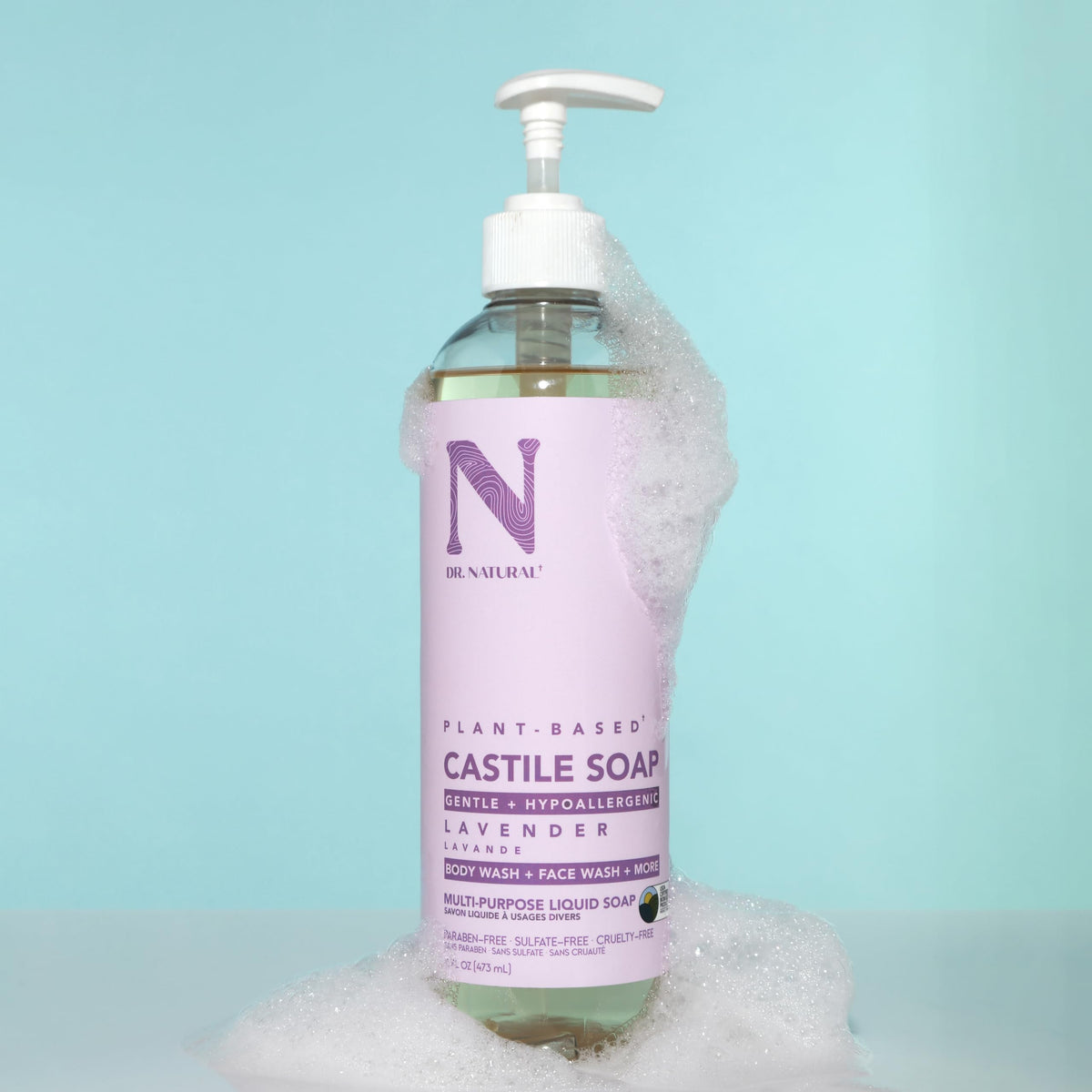 Dr. Natural Castile Liquid Soap 16 oz lavender bottle on countertop