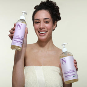 Dr. Natural Castile Liquid Soap 16 oz lavender in a shower caddy