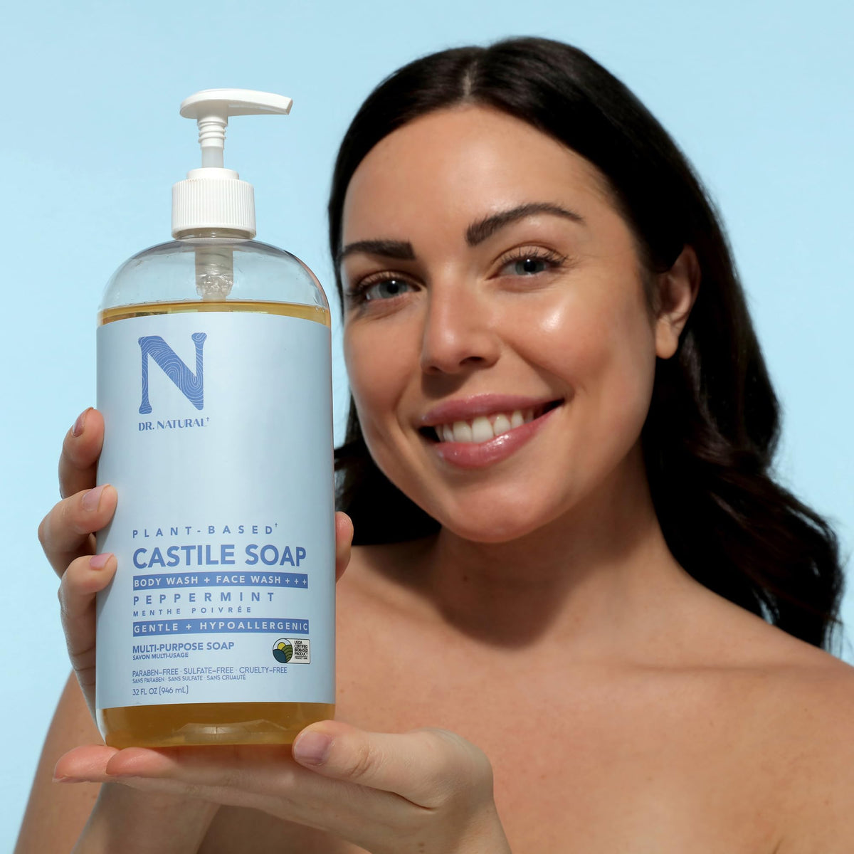Dr. Natural Castile Liquid Soap Peppermint 32 oz in bathroom setting