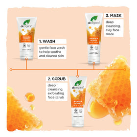 Dr. Organic Manuka Honey Face Scrub on a bathroom shelf