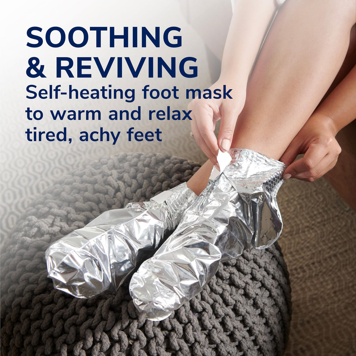 Dr. Scholl's Tired, Achy Feet Foot Mask booties inside packaging