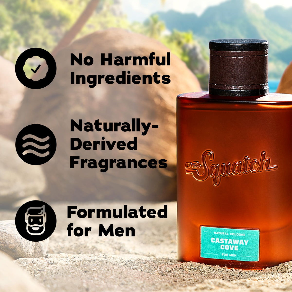 Dr. Squatch Castaway Cove Cologne on a wooden table