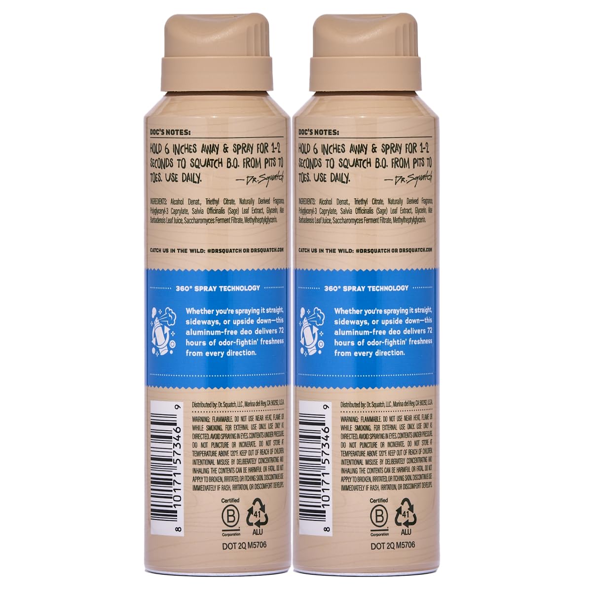 Dr. Squatch deodorant close-up showing 360° spray technology