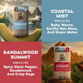 Dr. Squatch deodorant packaging with Coastal Mist and Sandalwood Summit