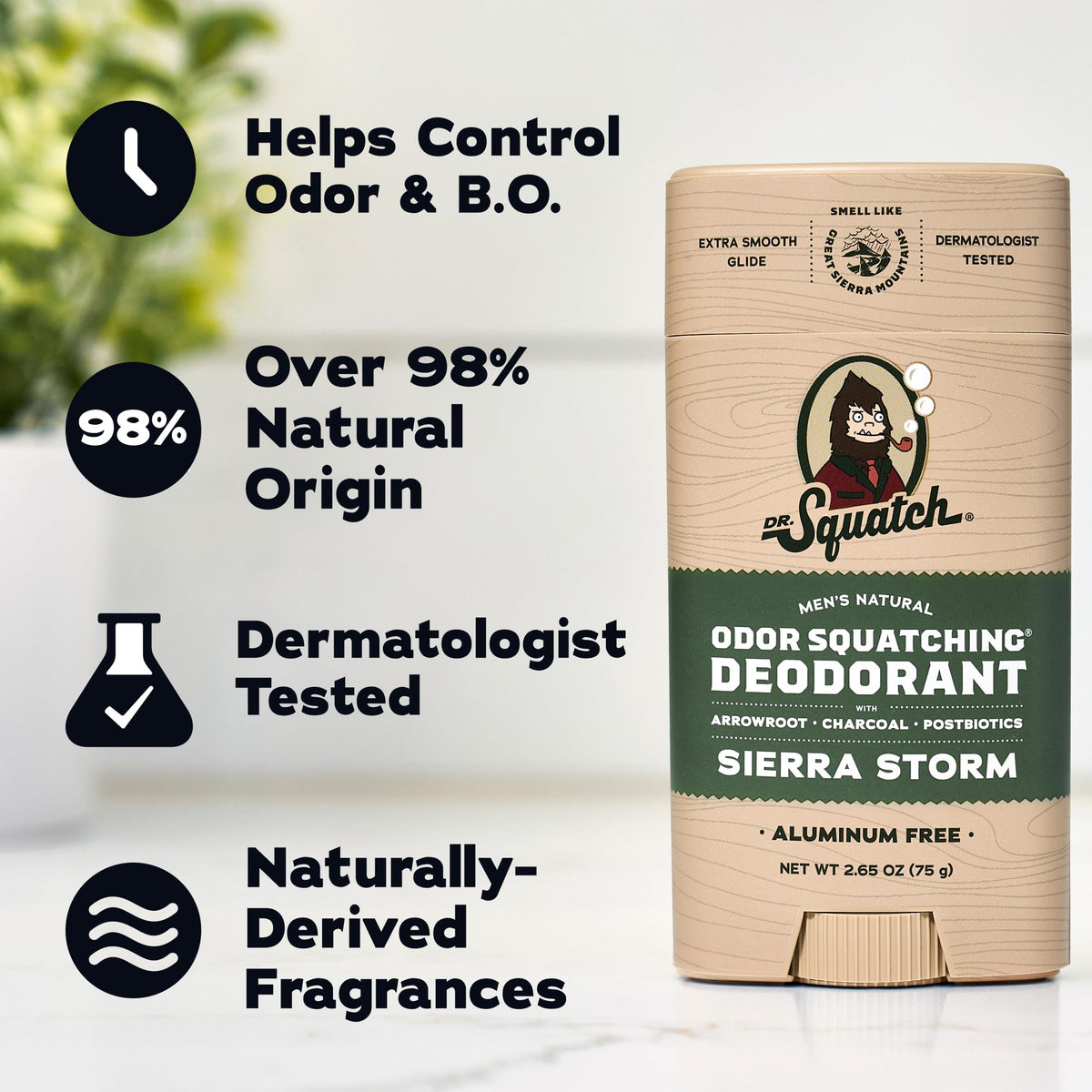 Dr. Squatch deodorant stick in a bathroom setting