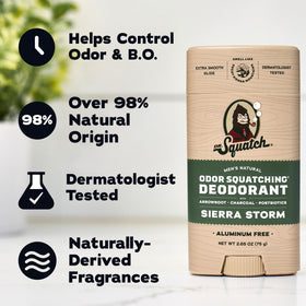 Dr. Squatch deodorant stick in a bathroom setting