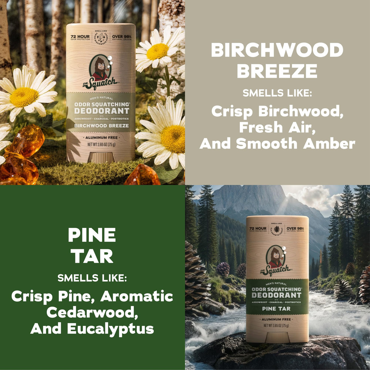 Dr. Squatch deodorant stick in Birchwood Breeze scent