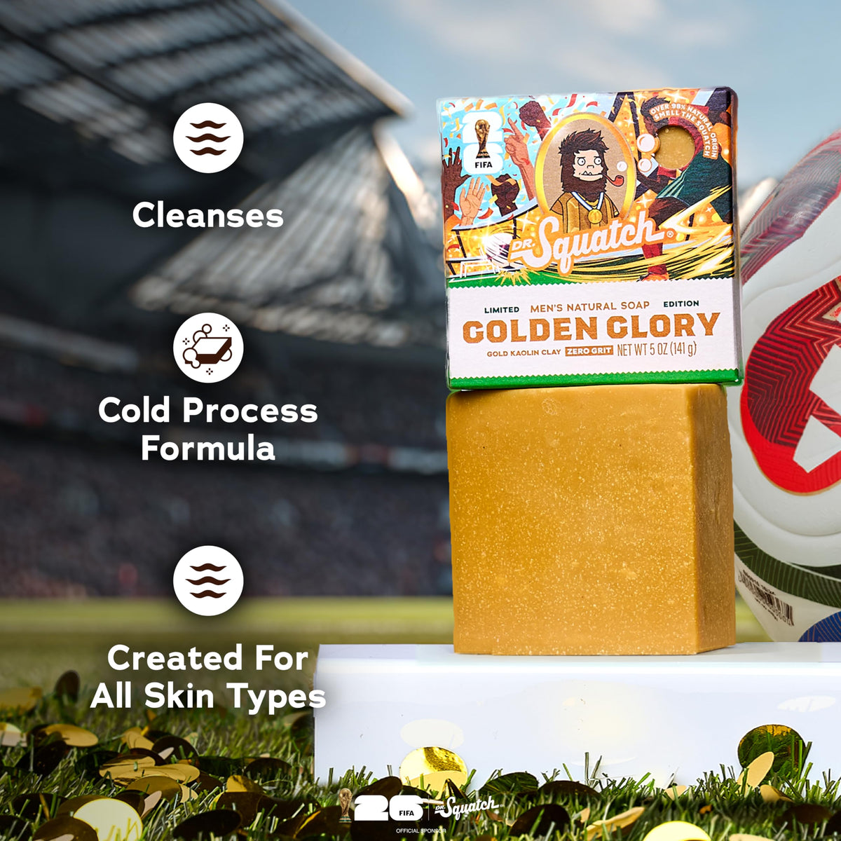 Dr. Squatch Men's Bar Soap packaging featuring FIFA World Cup 2026 design