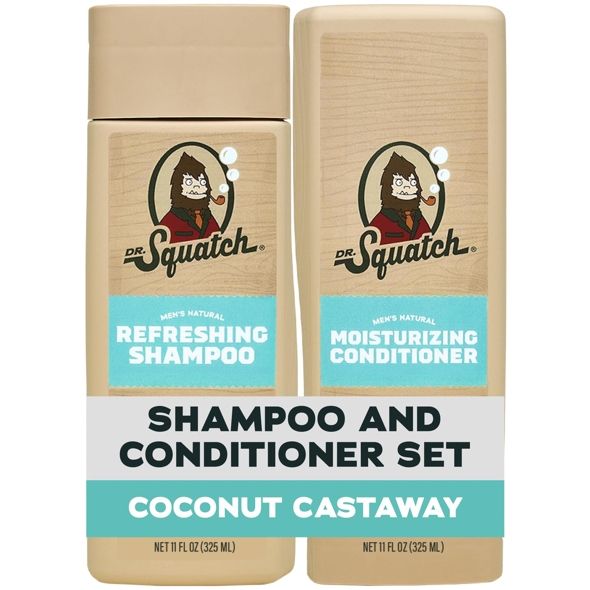 Dr. Squatch Men's Natural Shampoo and Conditioner Set front view with Coconut Castaway scent