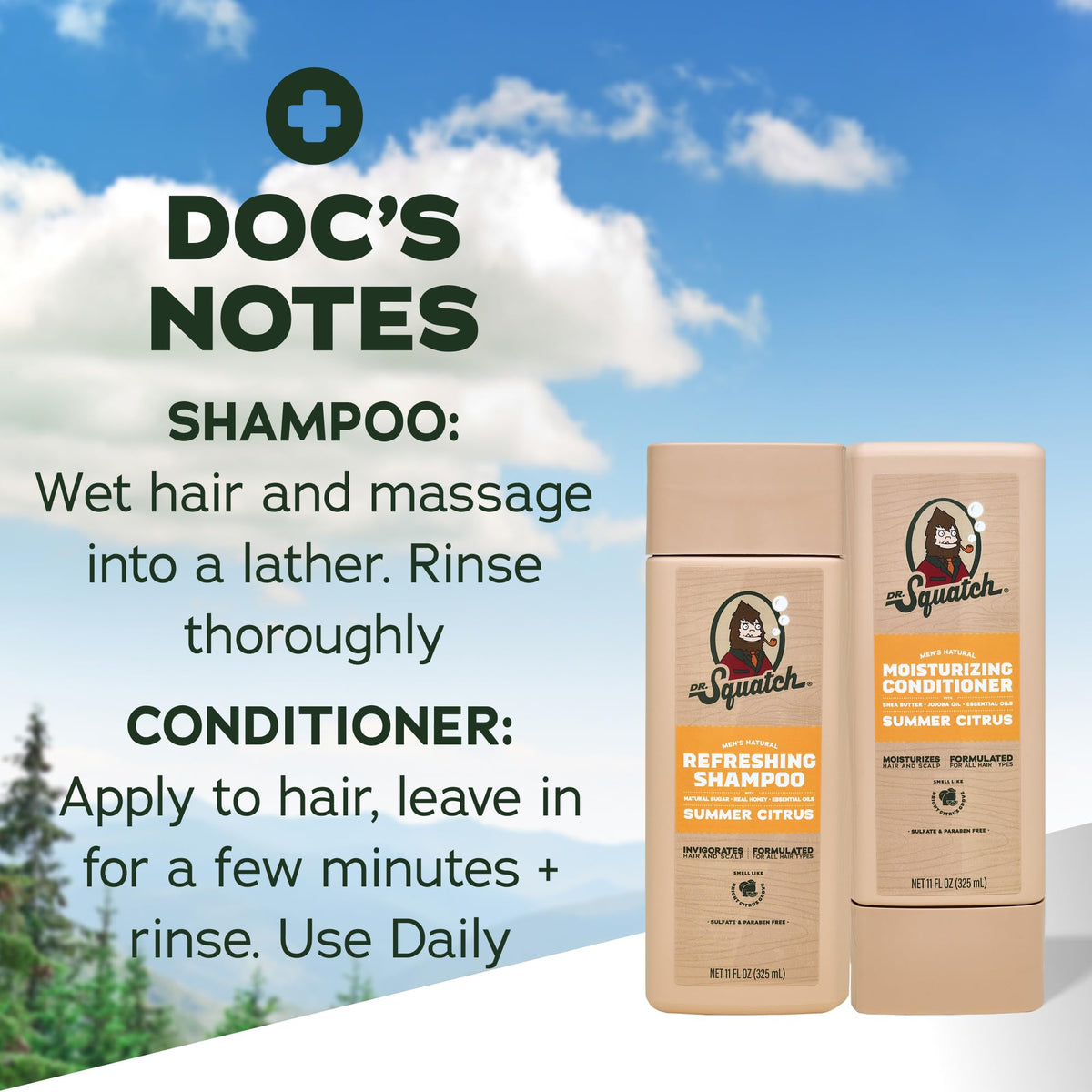 Dr. Squatch Men's Natural Shampoo and Conditioner Set in bathroom setting