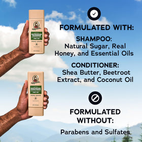 Dr. Squatch Men's Natural Shampoo and Conditioner Set on a bathroom shelf