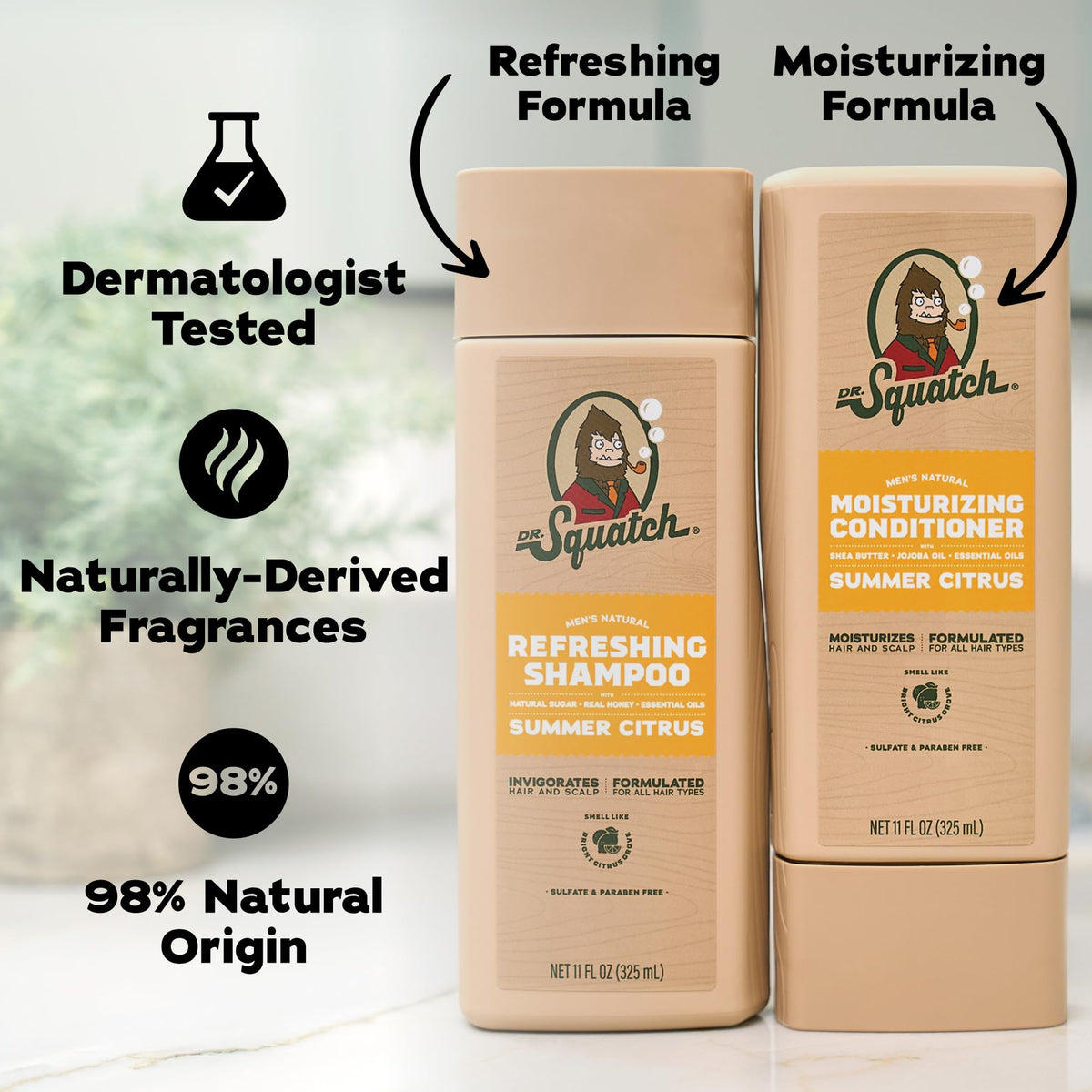 Dr. Squatch Men's Natural Shampoo and Conditioner Set on wooden background