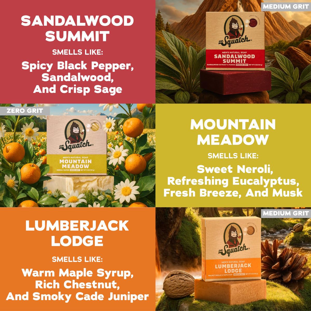 Dr. Squatch Mountain Meadow soap bar displayed on a wooden surface