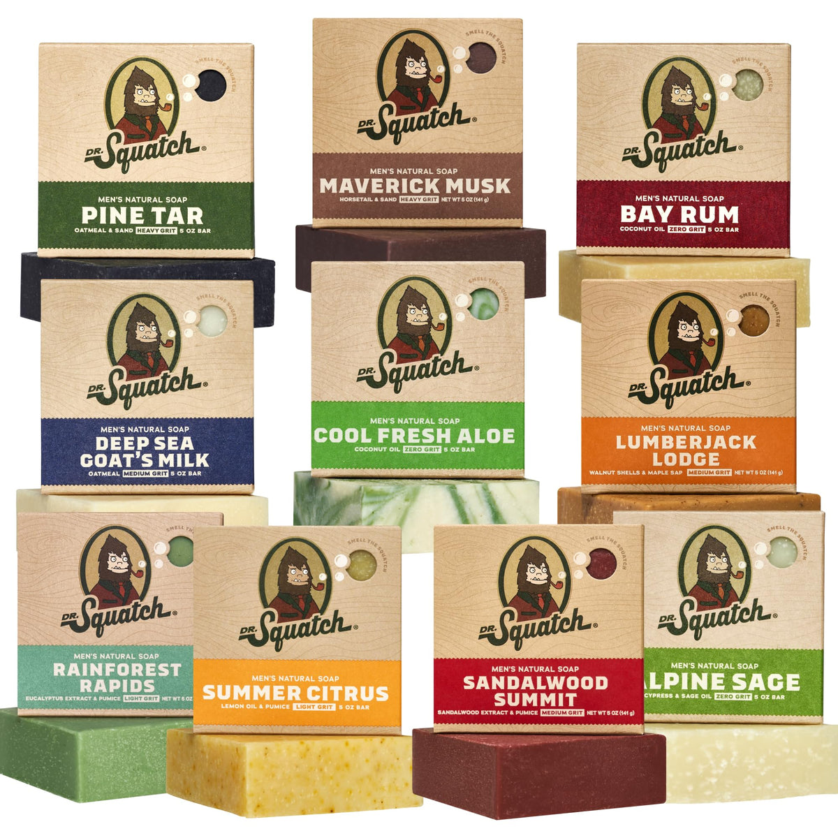 Dr. Squatch Natural Men's Bar Soap 10-Pack front view with assorted scents