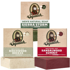 Dr. Squatch Natural Men’s Bar Soap 3-Pack front view with Sierra Storm, Sandalwood Summit, Birchwood Breeze