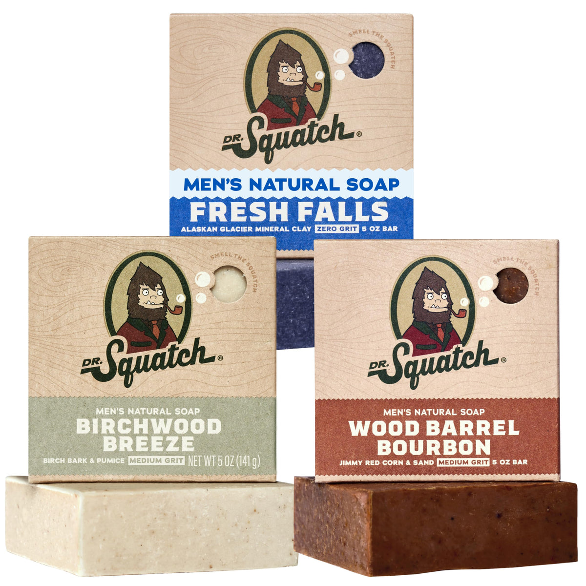 Dr. Squatch Natural Men’s Bar Soap 3-Pack with Birchwood Breeze, Fresh Falls, Wood Barrel Bourbon