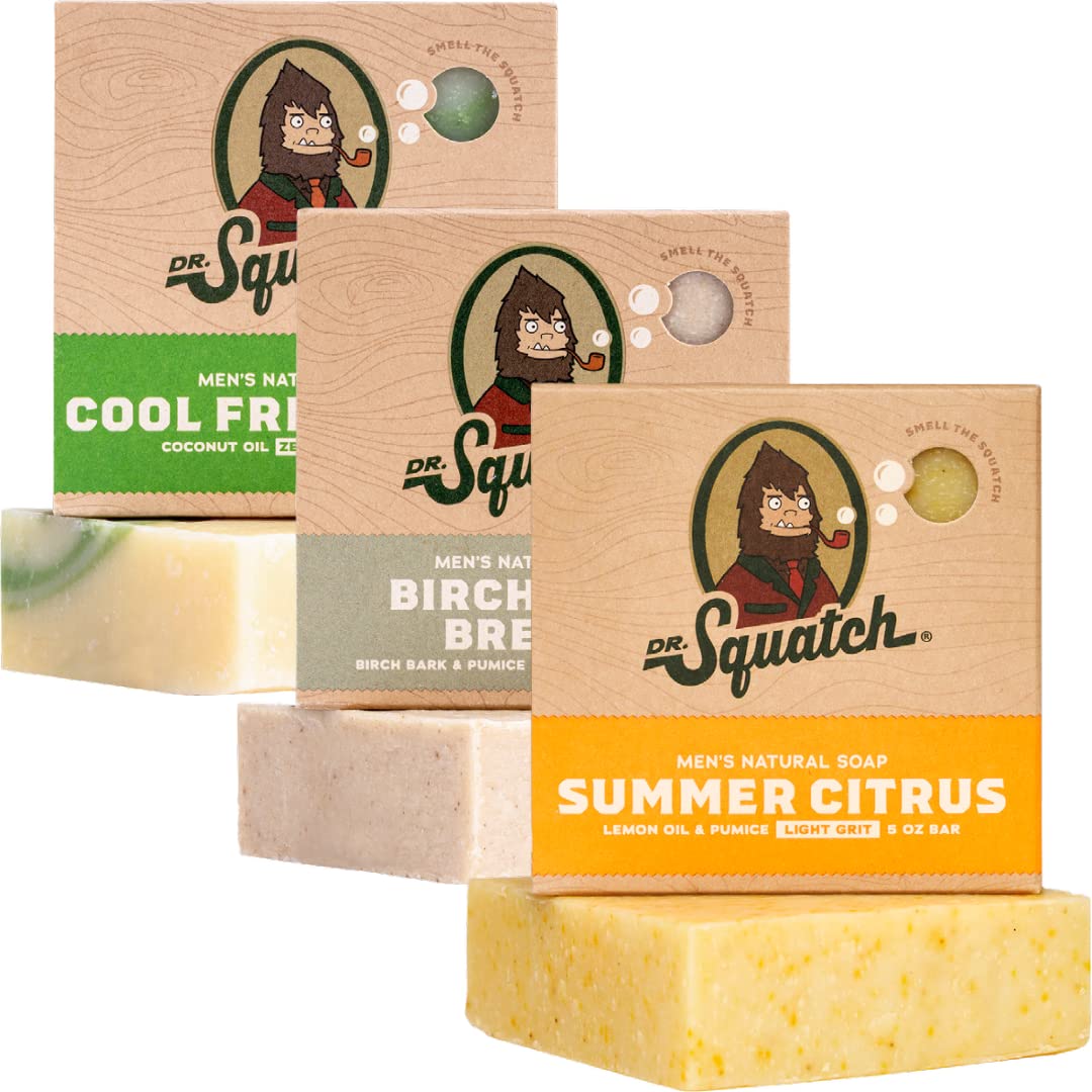 Dr. Squatch Natural Men’s Bar Soap 3-Pack with Coconut Castaway, Fresh Falls, and Cool Fresh Aloe