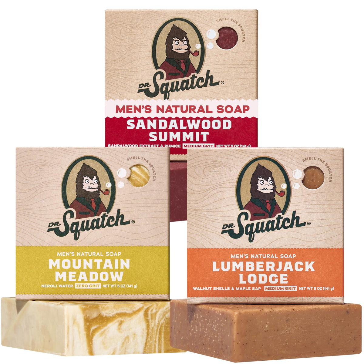 Dr. Squatch Natural Men’s Bar Soap 3-Pack with Sandalwood, Mountain Meadow, Lumberjack Lodge