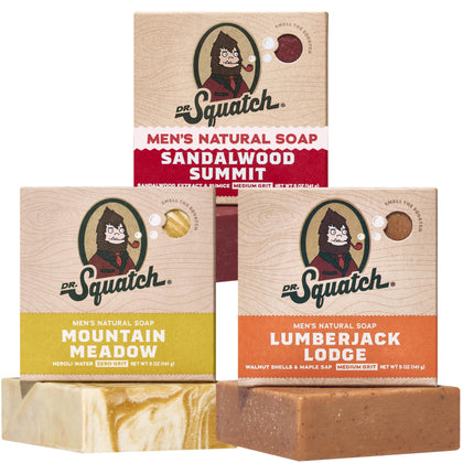 Dr. Squatch Natural Men’s Bar Soap 3-Pack with Sandalwood, Mountain Meadow, Lumberjack Lodge