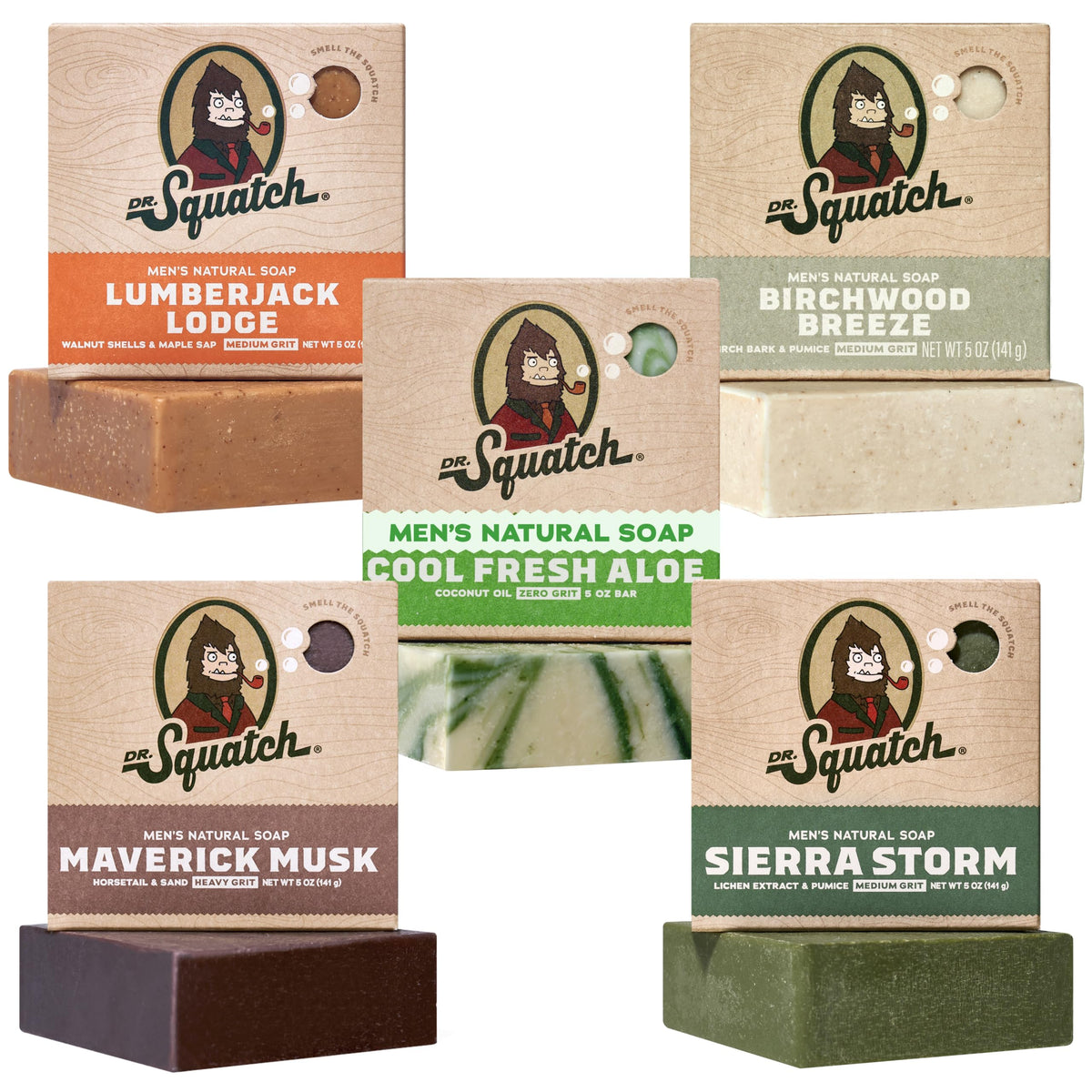 Dr. Squatch Natural Men’s Bar Soap 5-Pack front view with assorted scents