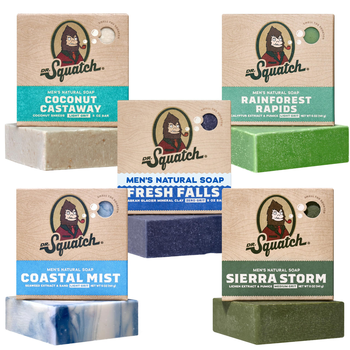 Dr. Squatch Natural Men’s Bar Soap 5 Pack front view with assorted scents