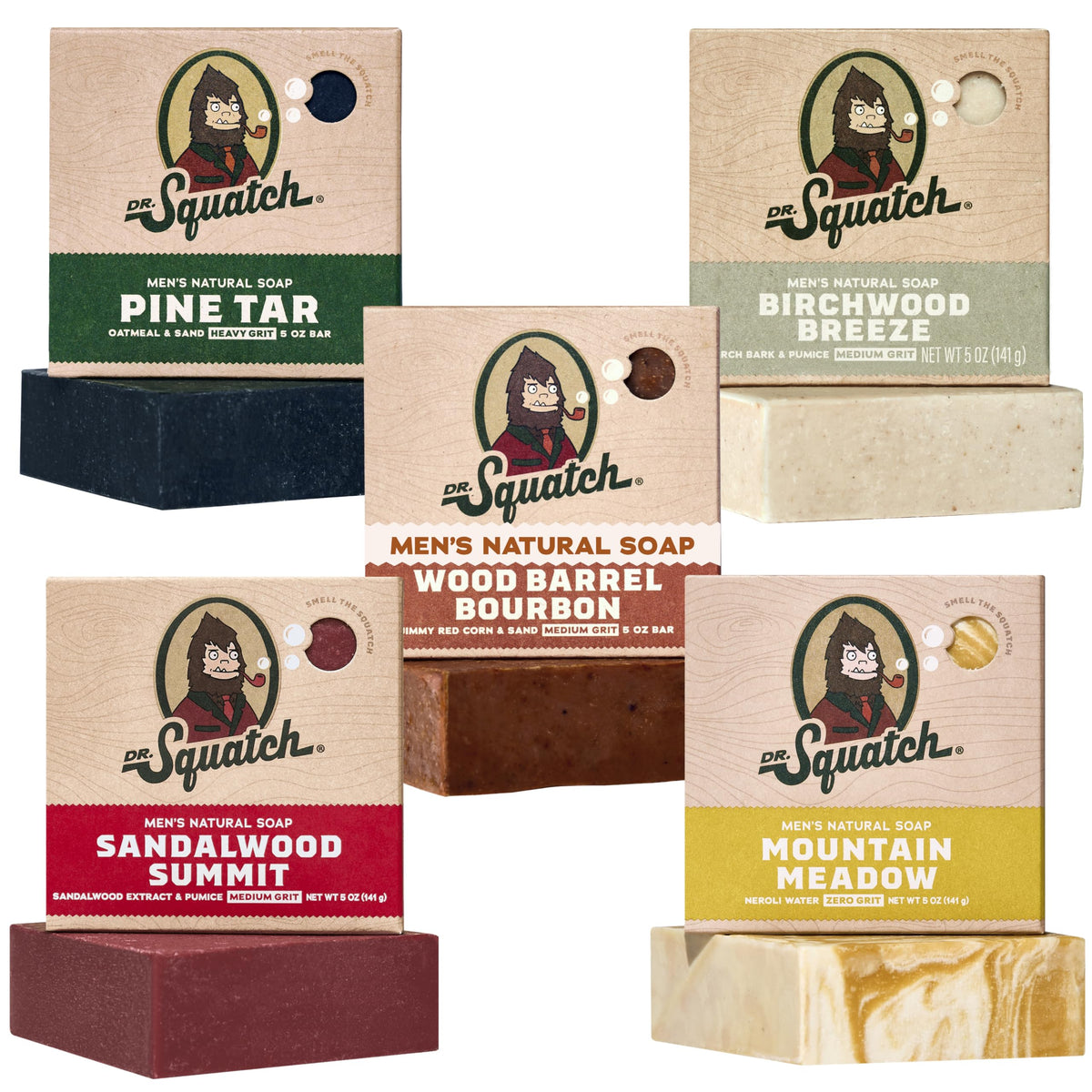 Dr. Squatch Natural Men's Bar Soap 5-Pack front view with assorted scents