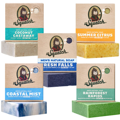 Dr. Squatch Natural Men’s Bar Soap 5-Pack front view with various scents