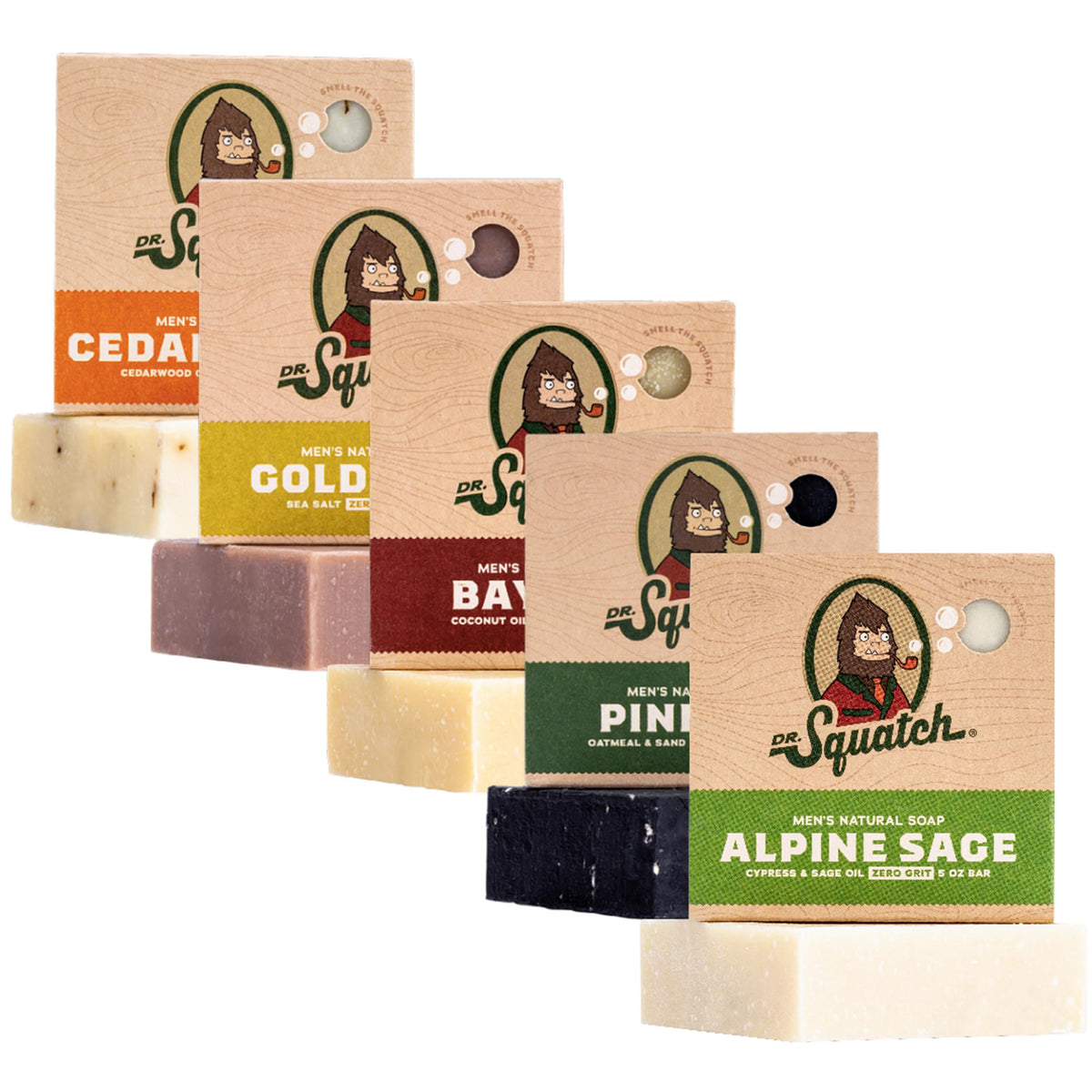 Dr. Squatch Natural Men’s Bar Soap 5-Pack front view with various scents