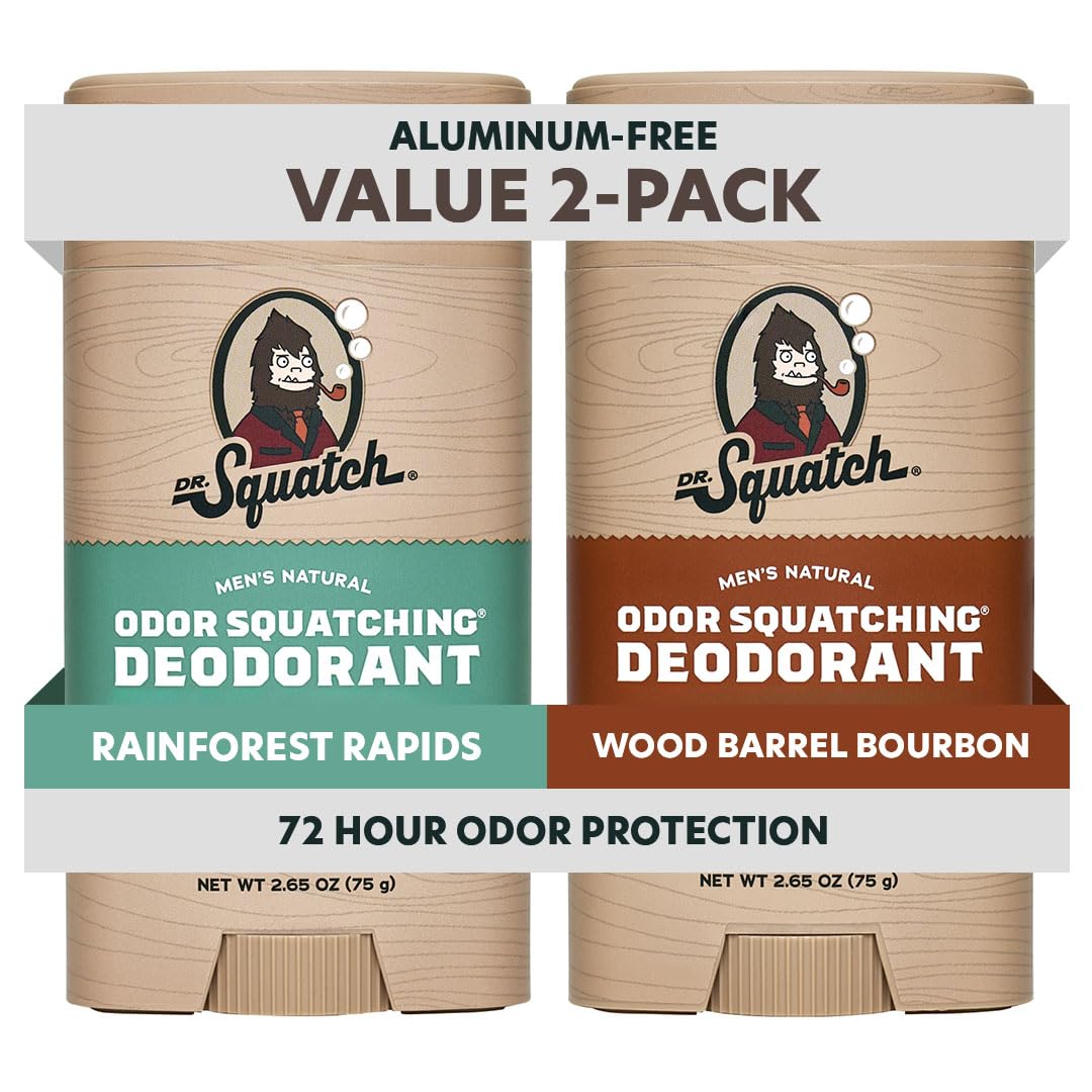 Dr. Squatch Natural Men’s Deodorant 2-Pack front view with Rainforest Rapids and Wood Barrel Bourbon scents