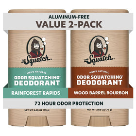 Dr. Squatch Natural Men’s Deodorant 2-Pack front view with Rainforest Rapids and Wood Barrel Bourbon scents