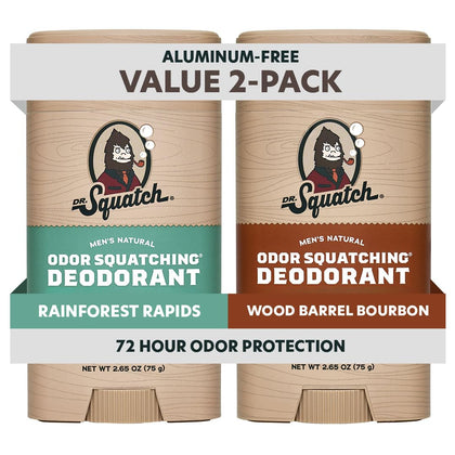 Dr. Squatch Natural Men’s Deodorant 2-Pack front view with Rainforest Rapids and Wood Barrel Bourbon scents